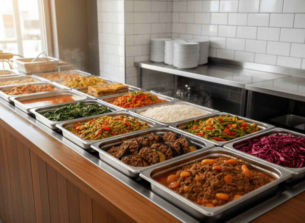A polished wooden catering counter neatly arranged with a variety of daily cooked Turkish home-style dishes in stainless-steel warming pans, each filled with colorful stews, vegetable dishes, and rice pilafs, steam gently rising from the food. In the background, a clean tiled kitchen wall and neatly stacked white porcelain serving plates create a professional setting. Soft, diffused midday light from an unseen window illuminates the dishes, bringing out the rich reds, greens, and golden browns. Shot from a slightly elevated angle with a shallow depth of field, emphasizing the freshness and abundance. Photographic realism, warm and inviting atmosphere suitable for a homepage hero image of a home-cooking catering business.